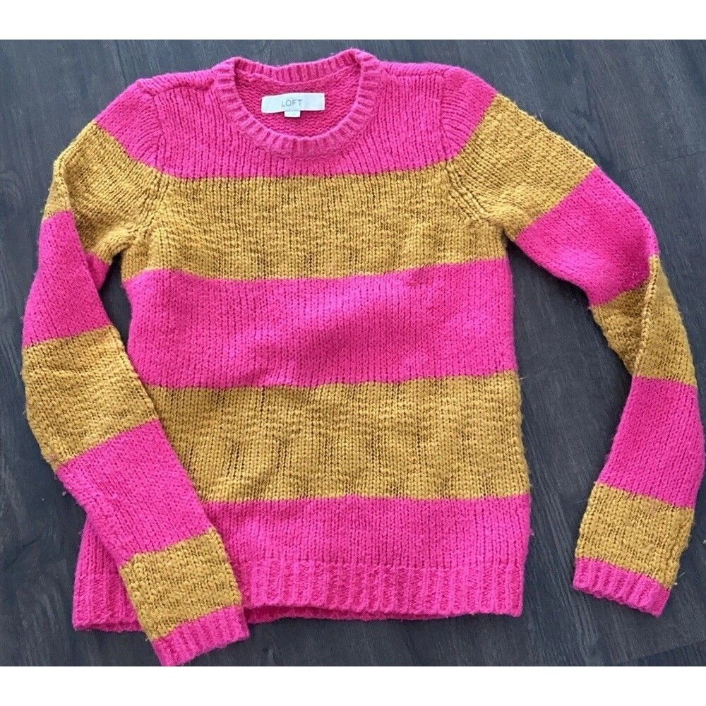 Loft Sweater Womens XS Striped Pink Mustard Yellow Alpaca Blend Y2K Crew Neck